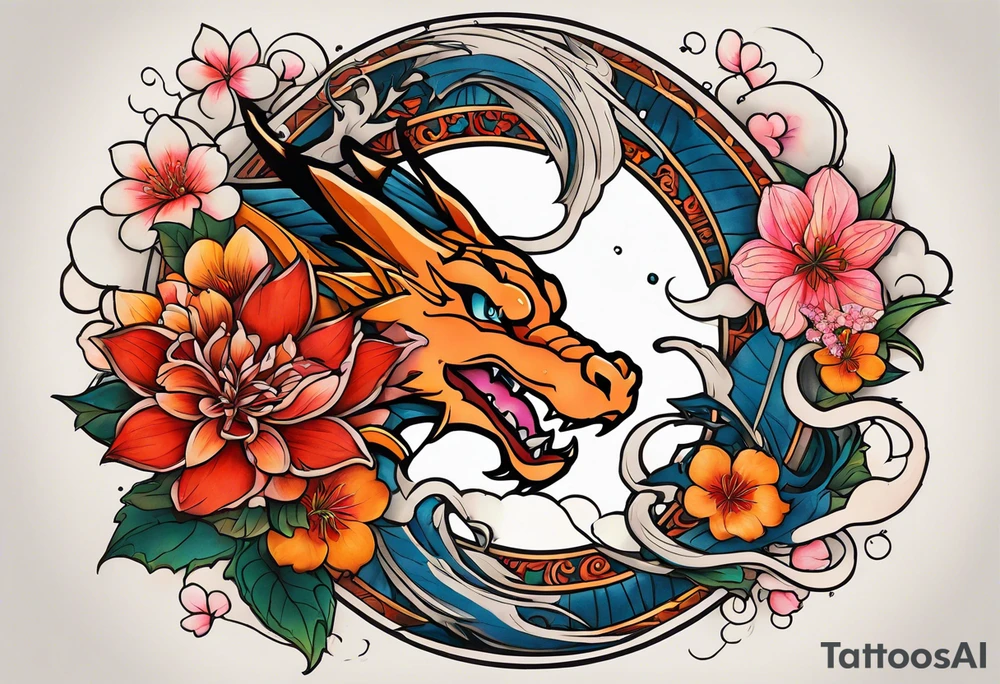 Makes an image that MIXES with lightsabers, charizard, nezuko kamado, or a ring, wands, dragons, WITH FLOWERS tattoo idea