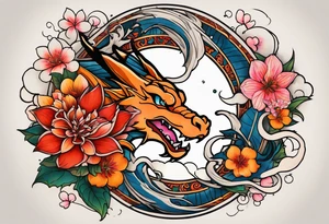 Makes an image that MIXES with lightsabers, charizard, nezuko kamado, or a ring, wands, dragons, WITH FLOWERS tattoo idea