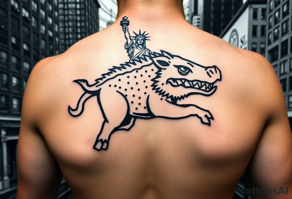 Arkansas razorback running through the streets of New York City with the Statue of Liberty in the background tattoo idea