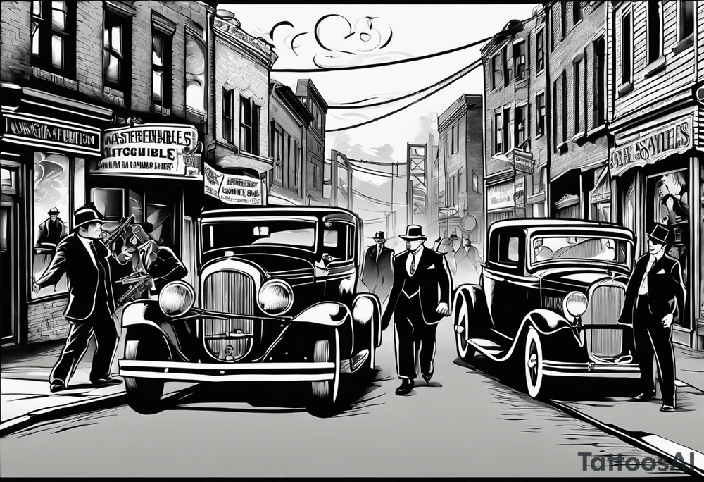 untouchables style gangsters fighting on a 1930s city street, Al capone, bugsy segal, bonnie and clyde, include machine guns, smoke and fire tattoo idea