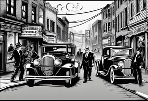 untouchables style gangsters fighting on a 1930s city street, Al capone, bugsy segal, bonnie and clyde, include machine guns, smoke and fire tattoo idea