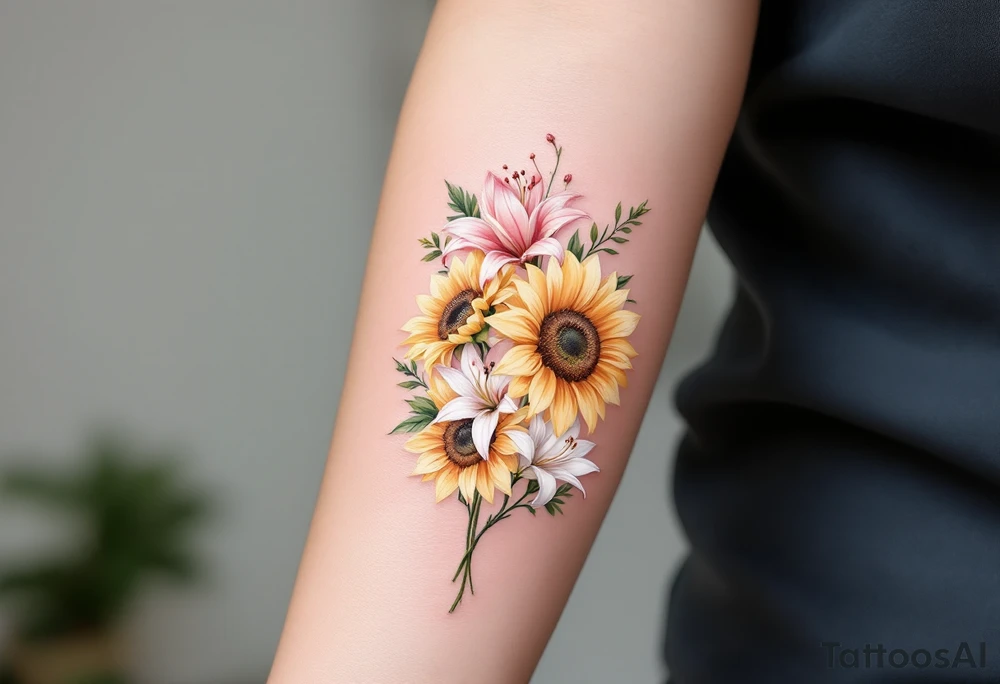 Sunflowers and stargazer lillies in pink and white in a dainty wildflower bouquet with stems tattoo idea