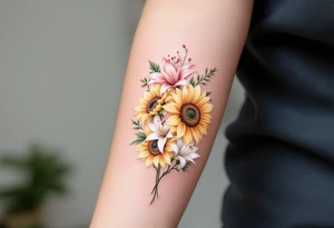 Sunflowers and stargazer lillies in pink and white in a dainty wildflower bouquet with stems tattoo idea