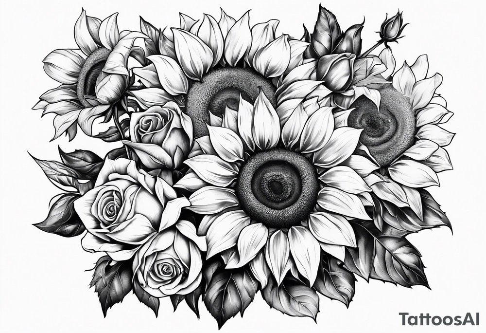 A bouquet of sunflowers and roses with the letter M tattoo idea