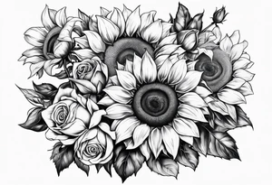 A bouquet of sunflowers and roses with the letter M tattoo idea