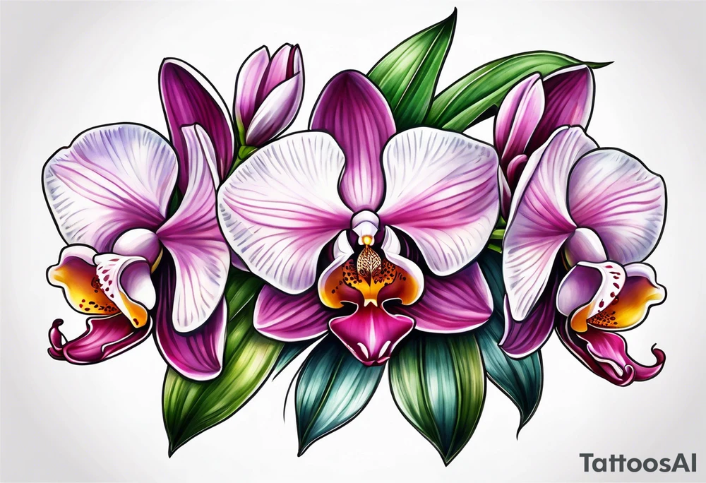 Cymbidum orchid with roses on each side tattoo idea