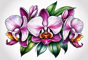 Cymbidum orchid with roses on each side tattoo idea