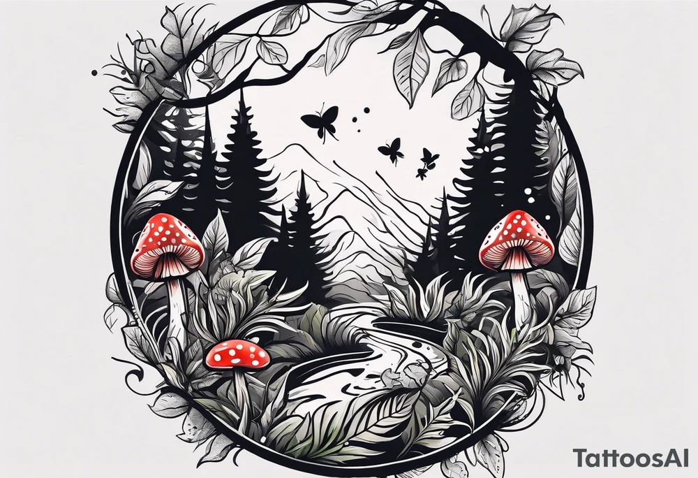 minimalistic forest floor inspired tattoo, which includes grass, curly ferns and dead leaves as the bulk of the tattoo. details to include: three  tiny strawberries, couple of very small mushrooms, a tiny bumblebee flying nearby tattoo idea