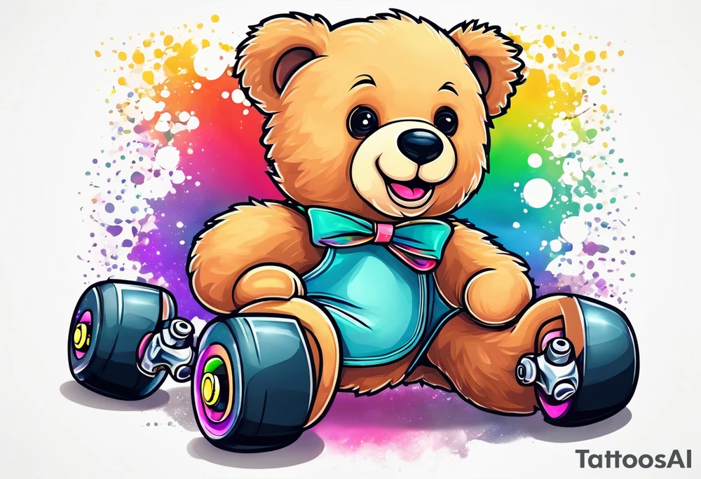 a teddy bear, wearing cute, pastel rainbow roller skates tattoo idea