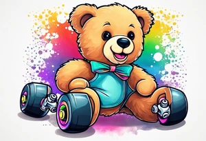 a teddy bear, wearing cute, pastel rainbow roller skates tattoo idea