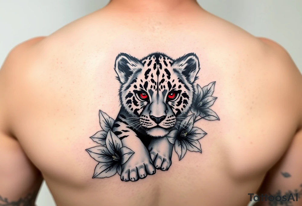 Female lion baby with ruby eyes and tiger lillies around tattoo idea