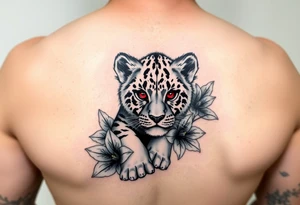 Female lion baby with ruby eyes and tiger lillies around tattoo idea