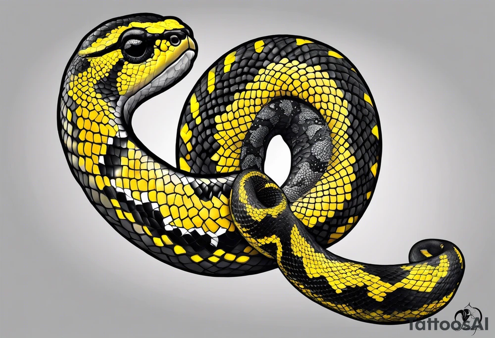 Black and grey realistic yellow blotched pit viper snake with rainforest background on forearm. I want the snake to look aggressive tattoo idea