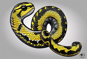 Black and grey realistic yellow blotched pit viper snake with rainforest background on forearm. I want the snake to look aggressive tattoo idea