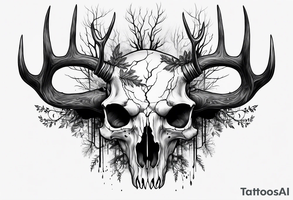 A side profile of decayed deer skull head in a forest fire tattoo idea