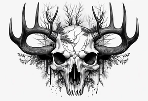A side profile of decayed deer skull head in a forest fire tattoo idea