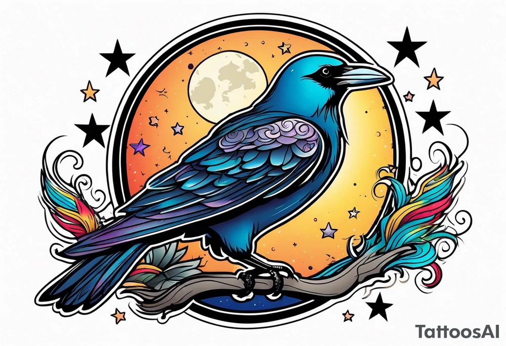 flying crow with a moon and stars in the background tattoo idea