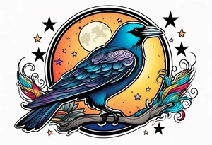 flying crow with a moon and stars in the background tattoo idea