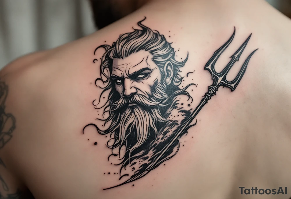 sexy poseidon, with trident, in water tattoo idea
