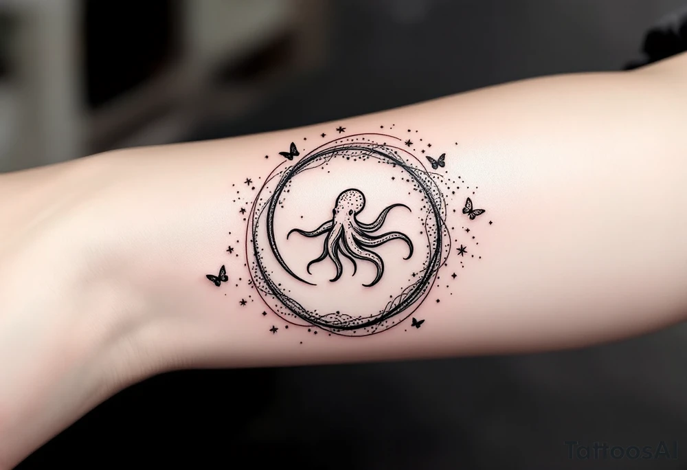 A minimalist dotwork tattoo design in the shape of a spiral galaxy. In the center, a small octopus is subtly integrated into the swirl, with flowing tentacles that extend along the spiral arms. The tentacles transform into elegant, curving lines resembling the flowing tails of koi or betta fish, partially in black ink and partially in fine red lines. Small stars are scattered throughout the galaxy shape, and two delicate butterflies hover near the edges. cosmic abstraction style, dotwork, fine line, with elements of Japanese graphic tattoo flow, minimalist octopus tattoo idea