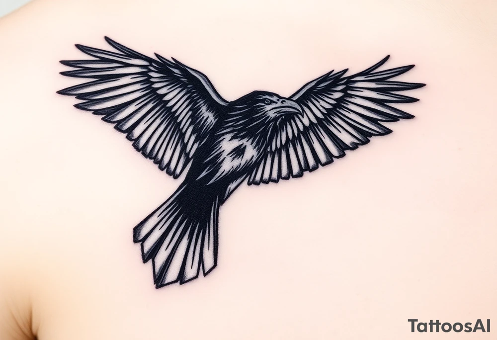 A detailed raven in mid-flight, wings spread wide with intricate feather patterns, symbolizing Tris’s journe and name TRIS tattoo idea