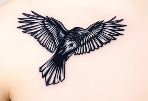A detailed raven in mid-flight, wings spread wide with intricate feather patterns, symbolizing Tris’s journe and name TRIS tattoo idea