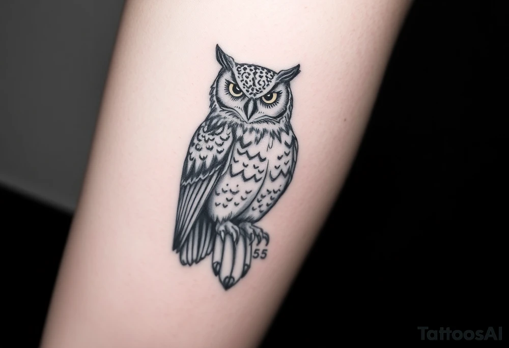 ovo owl with time stamp 5:55 behind it like a shadow top to bottom on calf tattoo idea