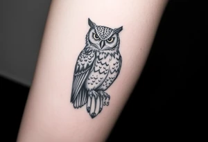 ovo owl with time stamp 5:55 behind it like a shadow top to bottom on calf tattoo idea