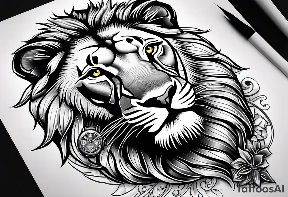 un Lion représentant le courage la determination et le travail avec une horloge à 10h28 tattoo idea