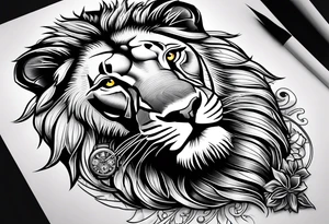 un Lion représentant le courage la determination et le travail avec une horloge à 10h28 tattoo idea