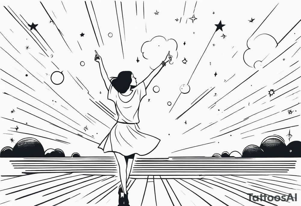 Woman on a dancefloor pointing her fingers up in the sky tattoo idea