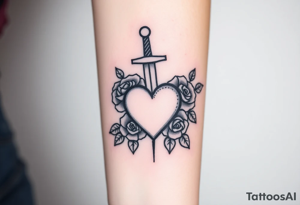 dagger piercing a heart with roses tattoo idea