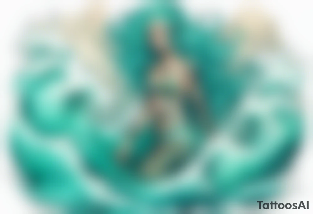 a beautiful female sea demon with turquoise hair standing in the sea surrounded by crashing waves tattoo idea