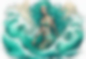 a beautiful female sea demon with turquoise hair standing in the sea surrounded by crashing waves tattoo idea