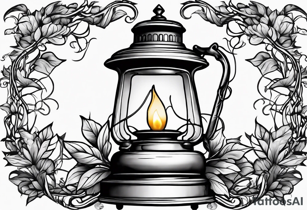 Oil lamp surrounded by leafy vines tattoo idea