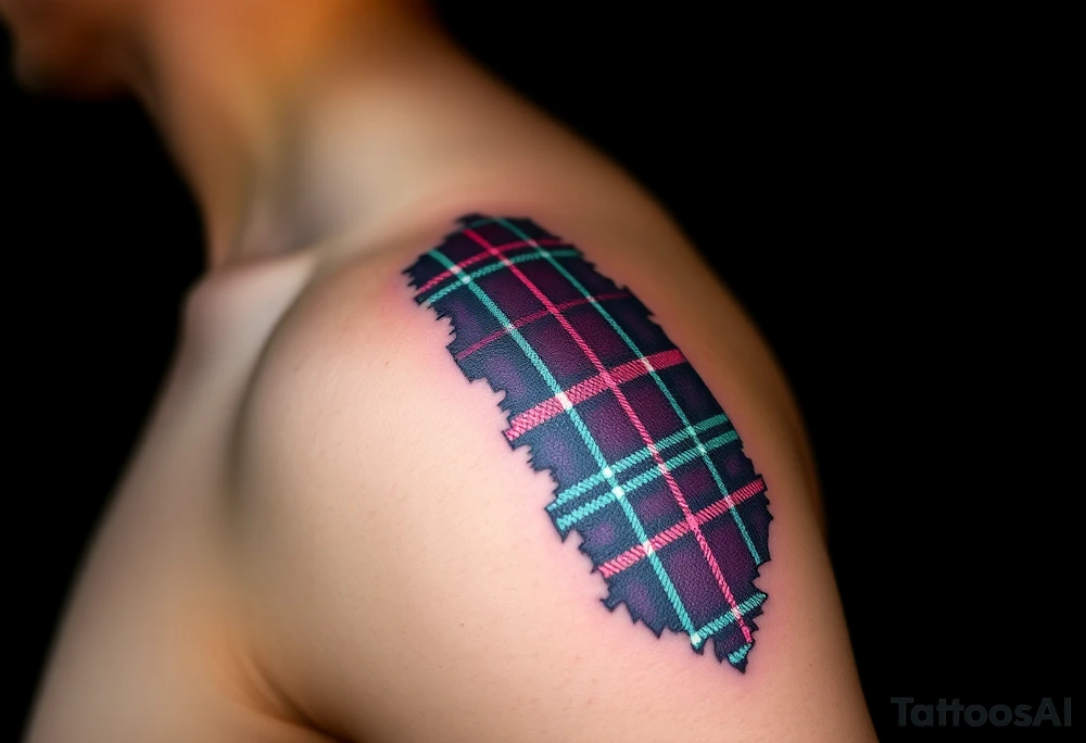 Side of arm Dark Purple with green pink blue and white highlights tartan fabric with skin peeling away at edges tattoo idea