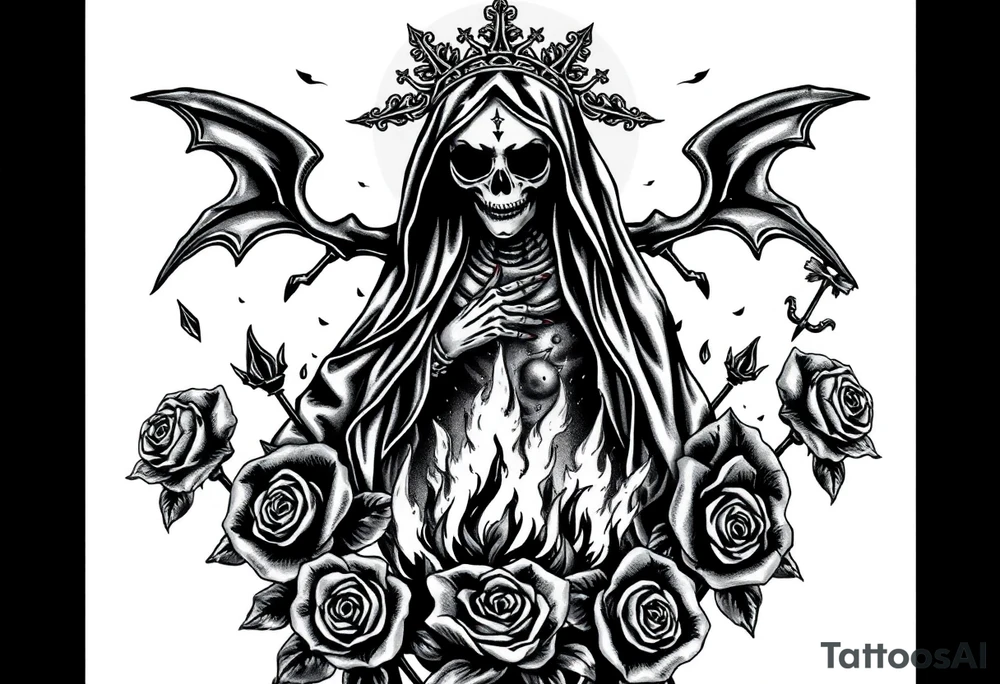 Powerful and evil Santa muerte rising from the flames and ashes of hell, surrounded by unclaimed souls and roses tattoo idea