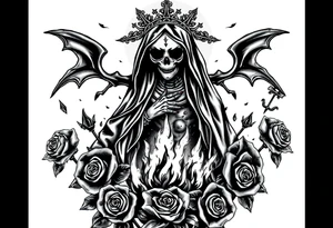 Powerful and evil Santa muerte rising from the flames and ashes of hell, surrounded by unclaimed souls and roses tattoo idea