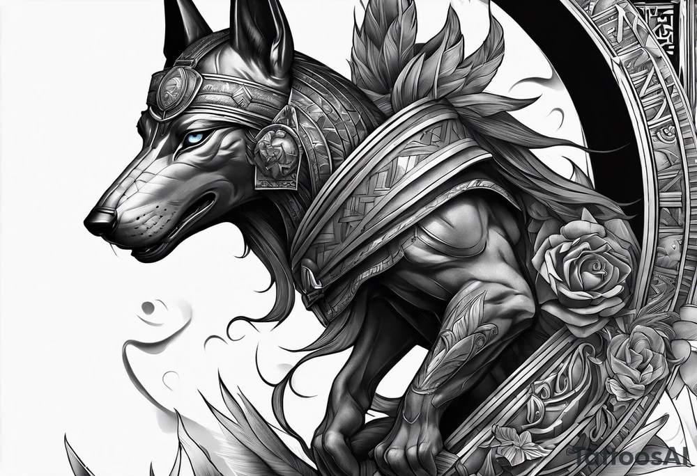 The war between Anubis and ra tattoo sleeve design
Building and people tattoo idea