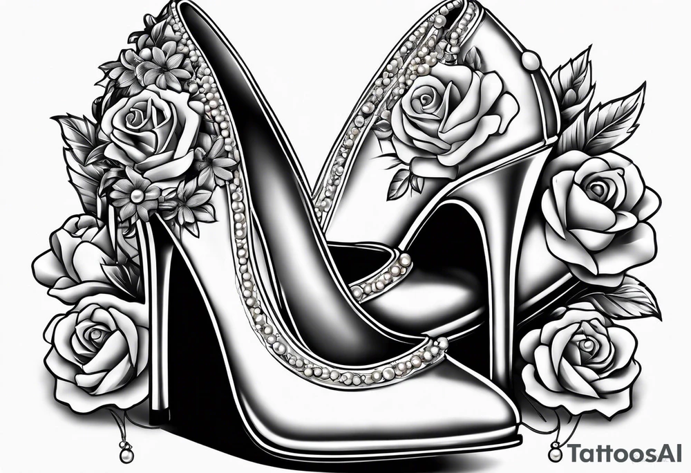1950s pinup pumps wrapped with pearl necklaces and flowers tattoo idea
