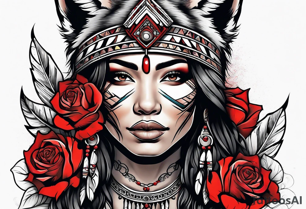 Native American woman wrapped in roses with a wolf tattoo idea