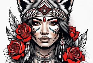 Native American woman wrapped in roses with a wolf tattoo idea