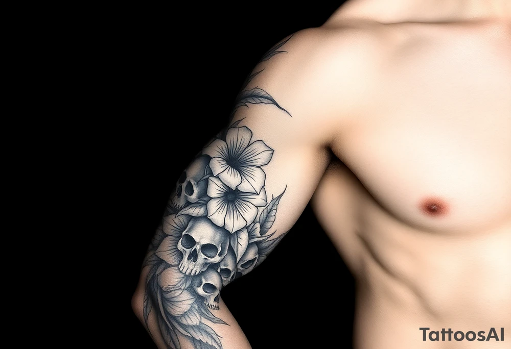 Aconitum flower going up the arm with details gothic style with skulls tribal tattoo idea