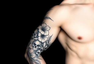 Aconitum flower going up the arm with details gothic style with skulls tribal tattoo idea