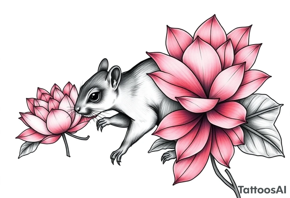 Fierce rabbid squirrel blooming lotus flowers tattoo idea