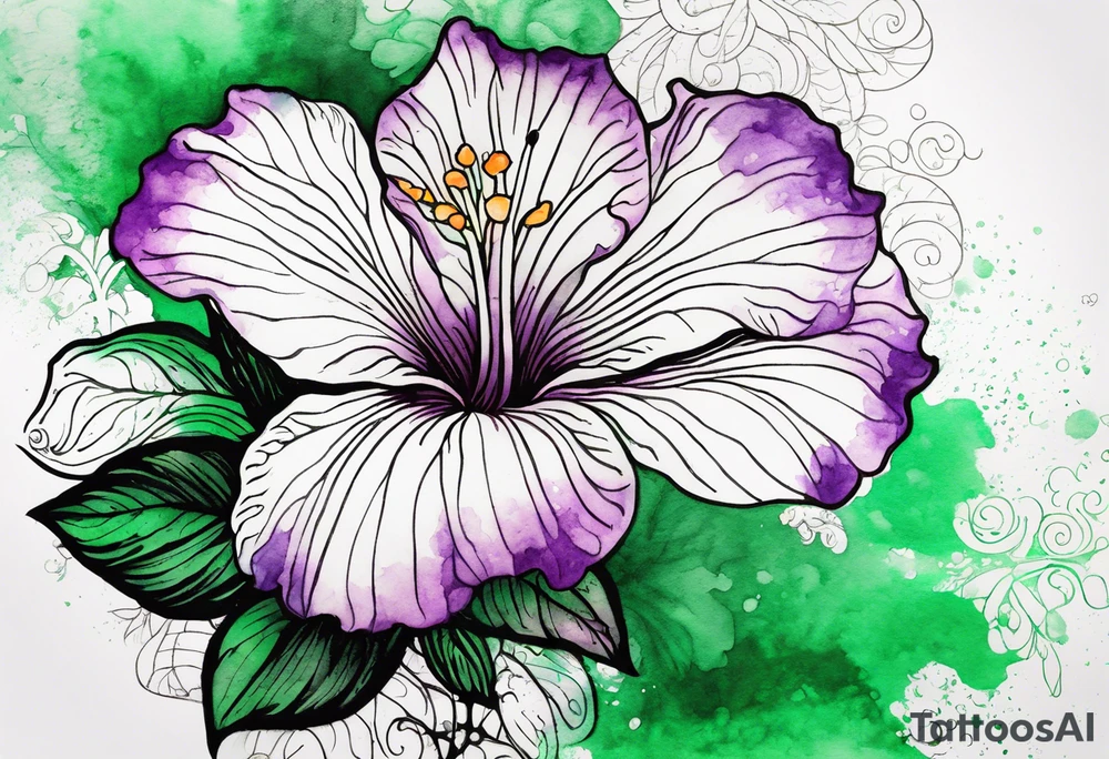 An outline of a rio dipladenia flower with a mystical green/purple watercolor splash in the background tattoo idea