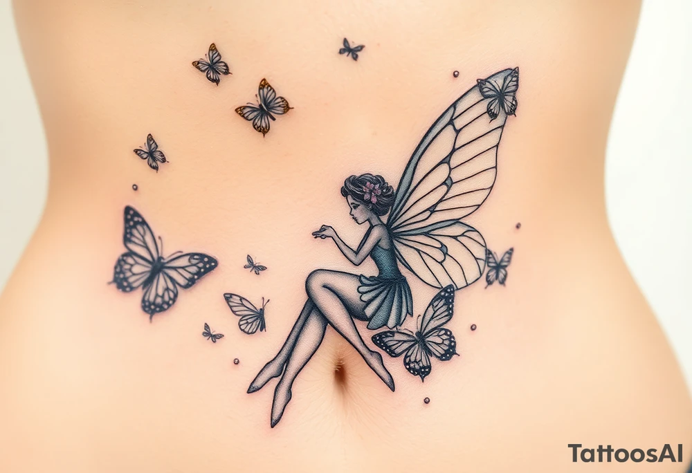 Small butterflies with sparkles falling as they surround a beautiful fairy with a young fairy staying close to to the other fairy with the butterflies looking to play tattoo idea