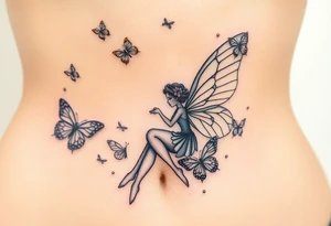 Small butterflies with sparkles falling as they surround a beautiful fairy with a young fairy staying close to to the other fairy with the butterflies looking to play tattoo idea