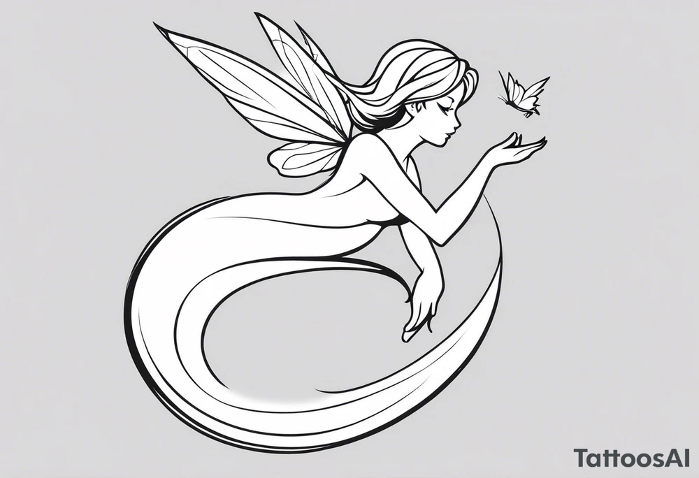 Minimalistic, monochromatic fairy with a tail flying to the left in a fetal position, leaning and looking in the same direction, with visible hands, embodying the 'Fairy Tail' logo aesthetic. tattoo idea