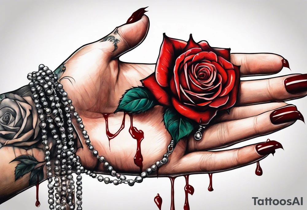 Feminine hand holding a rose with blood dripping down the hand from the thorns with 3 hanging rosary beads. tattoo idea